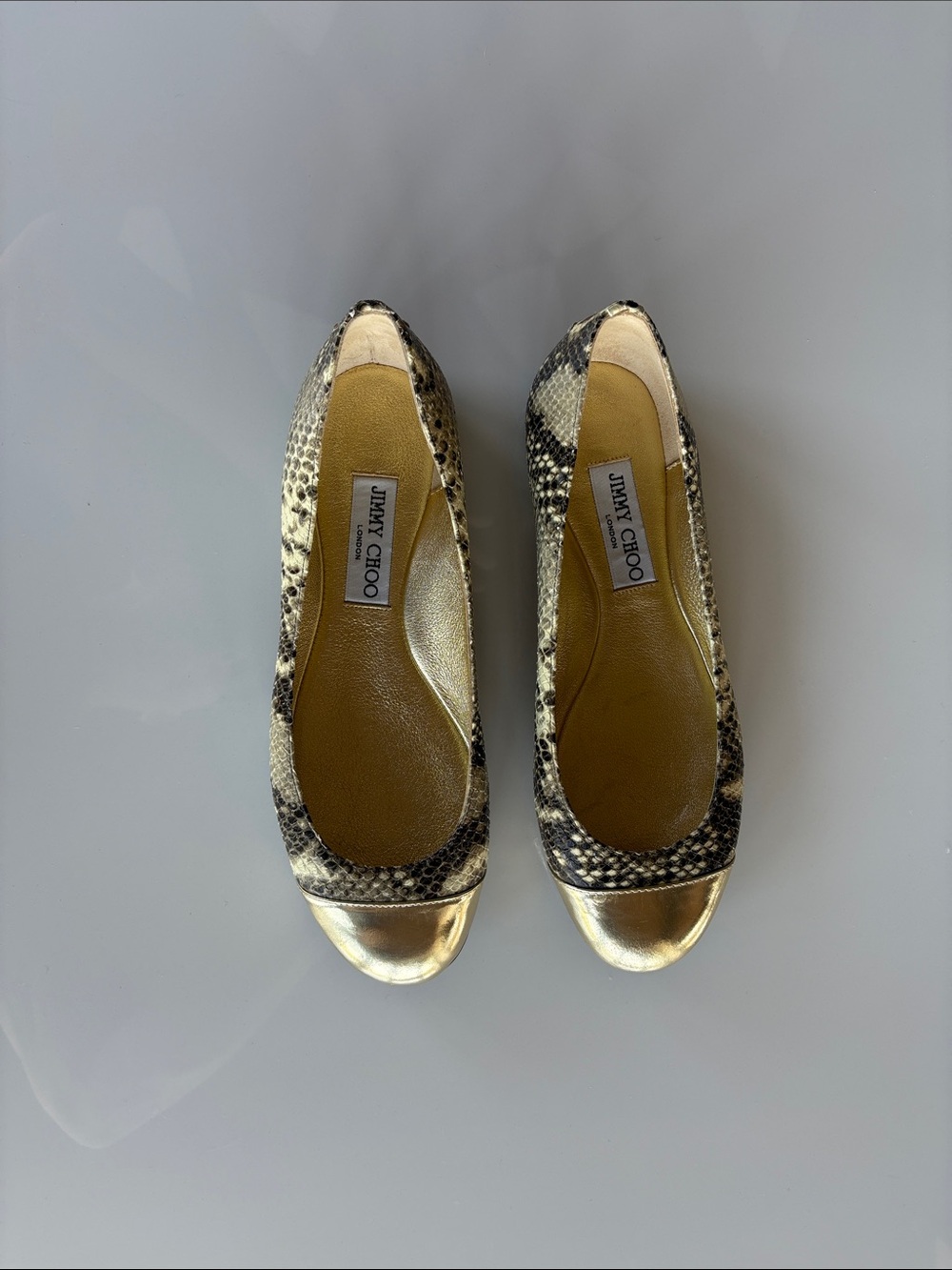 Jimmy Choo Metallic Gold Cap-Toe Snakeskin Ballet Flats